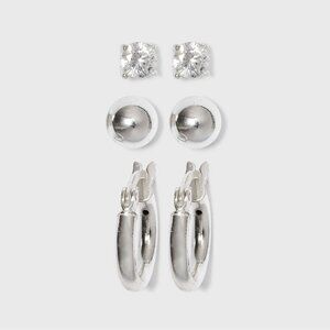 NEW A New Day™ Sterling Cubic Zirconia Silver Ball/ Studs/Hoop Trio Earring Set